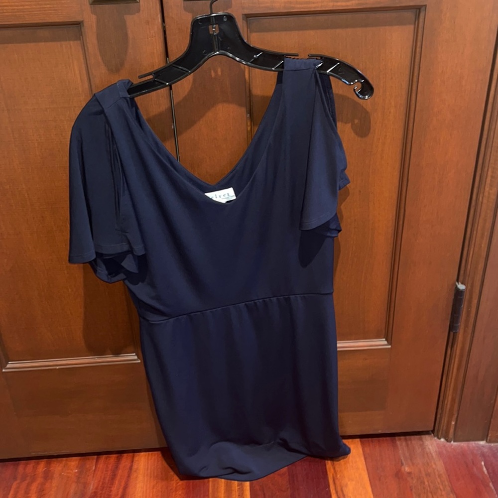 Navy dress. Size small. Stretchy fabric. Sleeves with cutout on shoulder